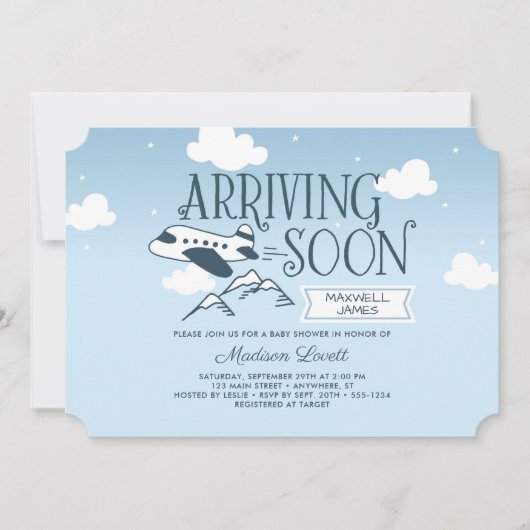 Binnenkort arriveren: Airplane Baby shower Invitat Kaart (Voorkant)