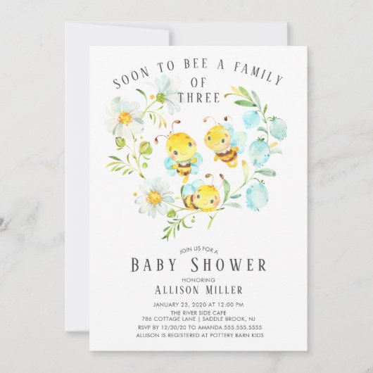 Binnenkort bij Bee Familie van 3 Baby shower Invit Kaart (Voorkant)