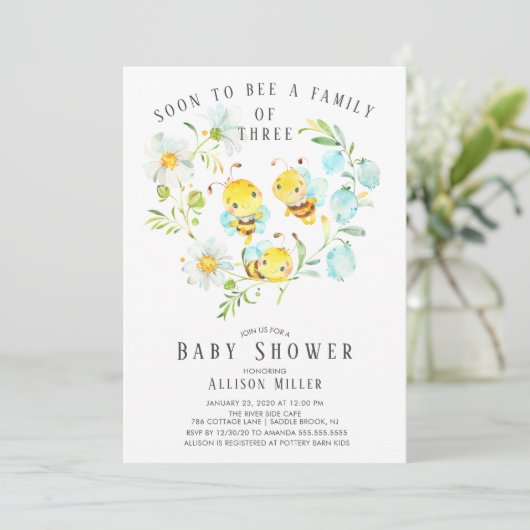 Binnenkort bij Bee Familie van 3 Baby shower Invit Kaart (Staand voorkant)
