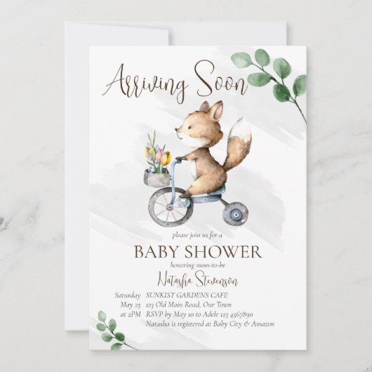 Binnenkort een baby shower met een kleine vossenfi kaart (Voorkant)