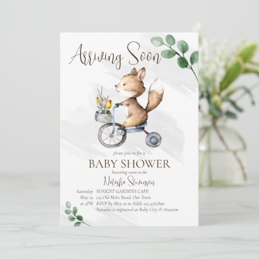 Binnenkort een baby shower met een kleine vossenfi kaart (Staand voorkant)