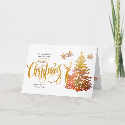 Binnenkort familie van vier gouden kerstbomen feestdagen kaart (Voorkant)