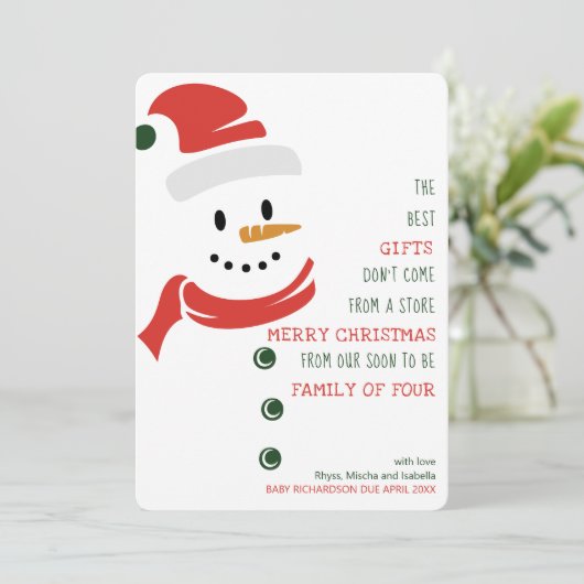 Binnenkort familie van vier Snowman-zwangerschap Feestdagenkaart (Staand voorkant)