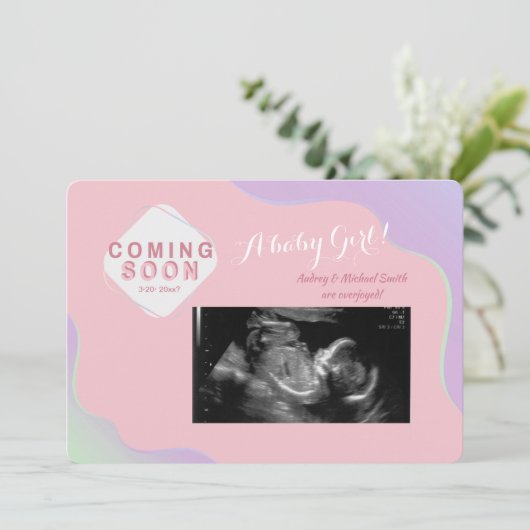 Binnenkort foto Zwangerschap Roze aankondiging (Staand voorkant)