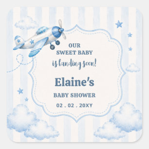 Binnenkort Landend Blauw Jongensvliegtuig Baby Sho Vierkante Sticker