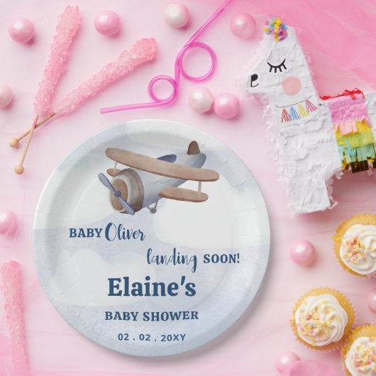 Binnenkort landend Blue Boy Baby shower Papieren Bordje (Feest)