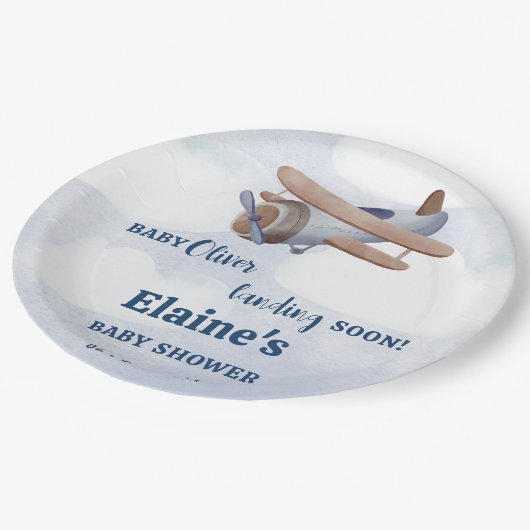 Binnenkort landend Blue Boy Baby shower Papieren Bordje (Gekanteld)