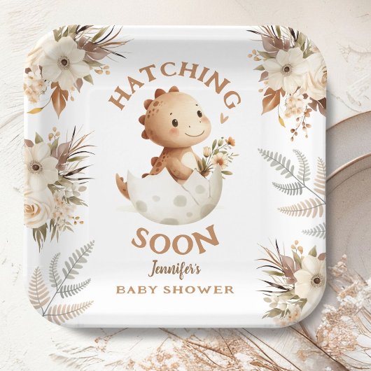 Binnenkort uitkomen! Boho Neutral Dinosaur-Baby sh Papieren Bordje