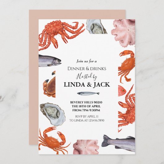 Binnenpartij uitnodiging Seafood Thema (Voorkant / Achterkant)