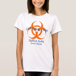 Bio-gevarensymbool kabeljauw vis en chips t-shirt