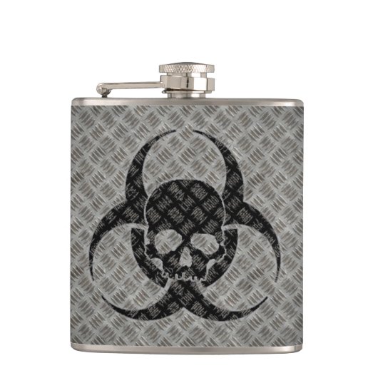 Biohazard-symbool en schedel op staal heupfles (Voorkant)