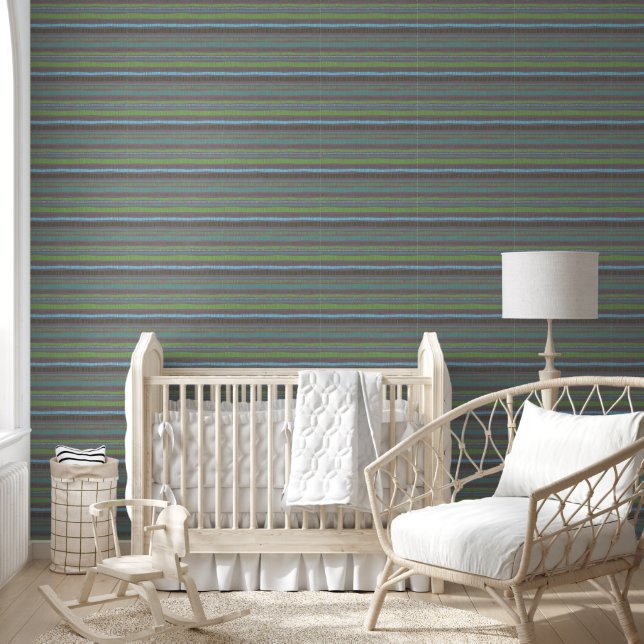 Biologisch Groen Blauw Horizontaal Boho Strepen Behang (Kinderen)