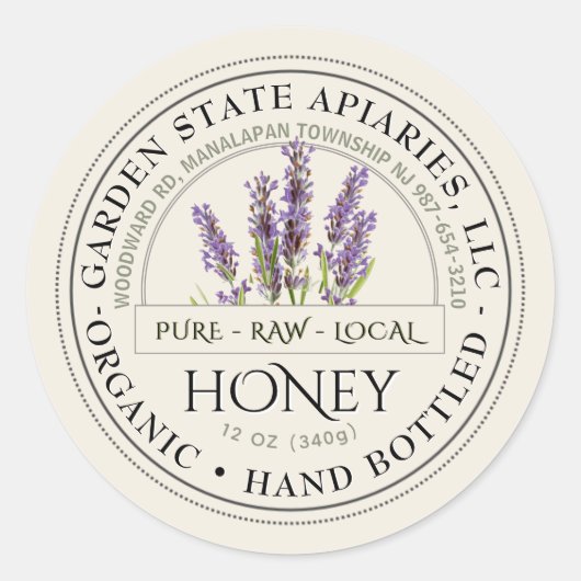 Biologisch Honinglabel met  lavendel op ivoor Ronde Sticker (Voorkant)