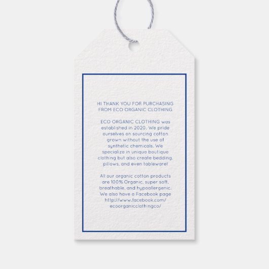 Biologisch katoen business hart laat info blauw cadeaulabel (Achterkant)