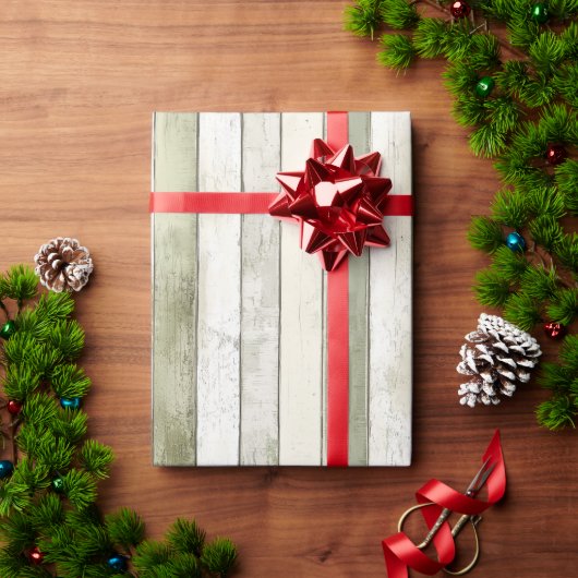 Biologisch Olijf Ivoor Faux Wood Stripes Kerstmis Cadeaupapier (Feestdagen Geschenken)