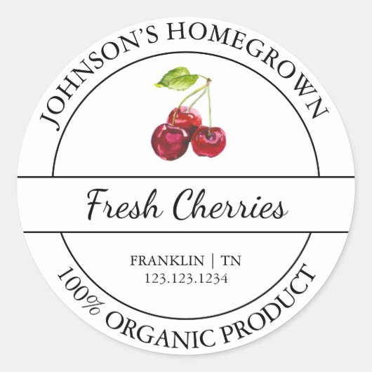 Biologisch Vers Verse Kersenlabel van Eigen Tuin Ronde Sticker (Voorkant)