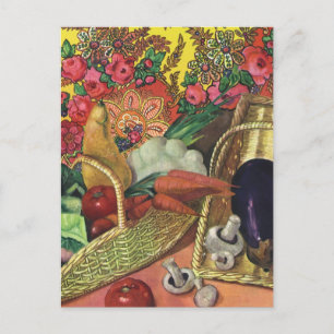 Biologisch voedsel, tuingroenten, bloeiende bloeme briefkaart