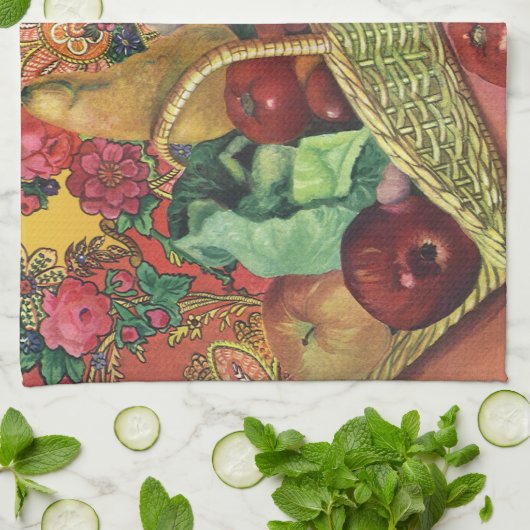 Biologisch voedsel, tuingroenten, bloeiende bloeme theedoek (Gevouwen)