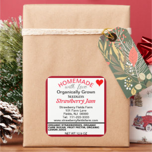 Biologische aardbeienjam zelfgemaakte naam vierkante sticker
