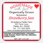 Biologische aardbeienjam zelfgemaakte naam vierkante sticker (Voorkant)