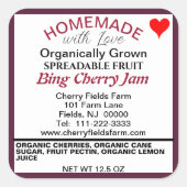 Biologische Bing Cherry Jam Inblikken Naam Vierkante Sticker (Voorkant)
