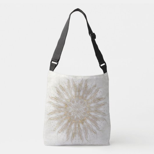 Biologische boho stijl sunburst mandala gouden wit crossbody tas (Voorkant)