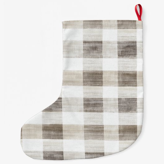 Biologische Cream Tan Plaid Stripes Kerstmis Grote Kerstsok (Achterkant)
