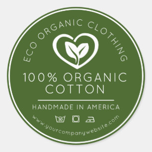 Biologische katoenen bladeren in een hartje groen  ronde sticker