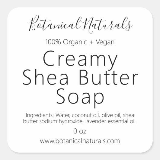 Biologische Shea Butter Zelfgemaakte Zeep Eenvoudi Vierkante Sticker (Voorkant)