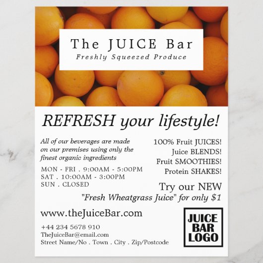 Biologische Sinaasappels, Reclame voor sapbar Flyer (Voorkant)