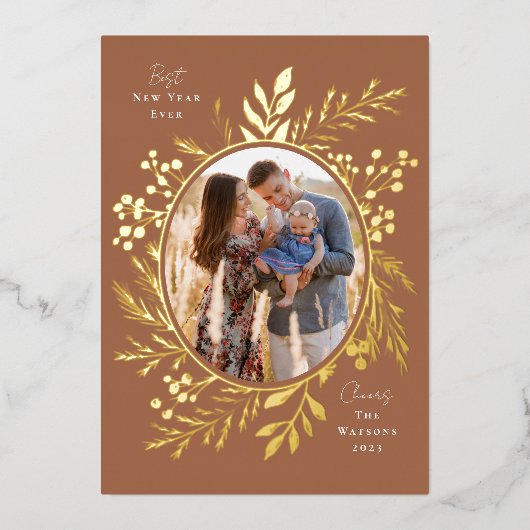 Biologische Winter Botanicals Ovale Fotovorm Roest Folie Feestdagenkaart (Voorkant)