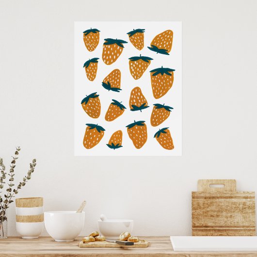 Biologische zomeraardbeien - oranje en groen poster (Keuken)