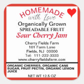 Biologische zure kersenjam inblikken naam vierkante sticker (Voorkant)