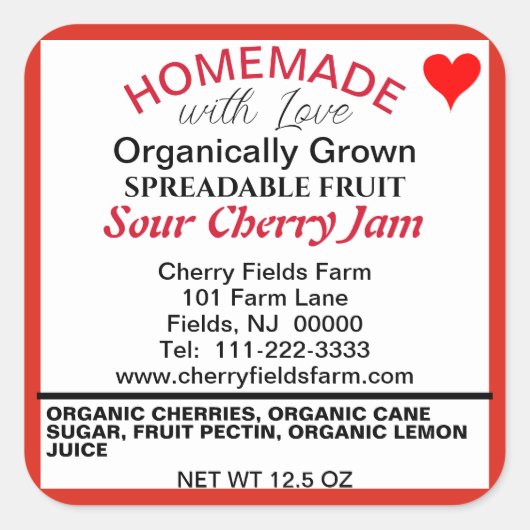 Biologische zure kersenjam inblikken naam vierkante sticker (Voorkant)
