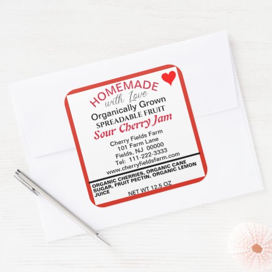 Biologische zure kersenjam inblikken naam vierkante sticker (Envelop)