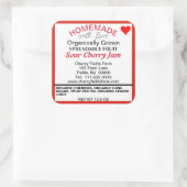Biologische zure kersenjam inblikken naam vierkante sticker (Tas)