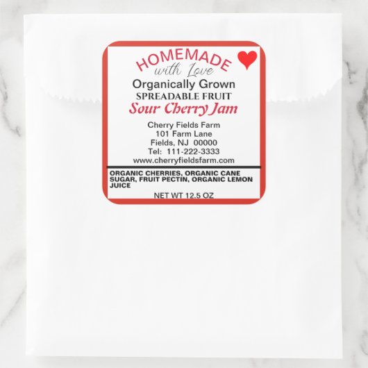 Biologische zure kersenjam inblikken naam vierkante sticker (Tas)