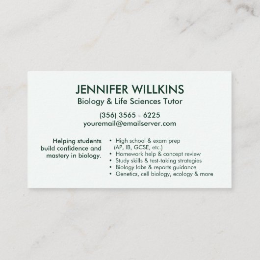 Biology Science Tutoring Services - Docent Visitekaartje