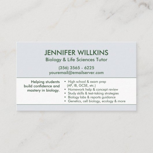 Biology Science Tutoring Services - Docent Visitekaartje (Achterkant)