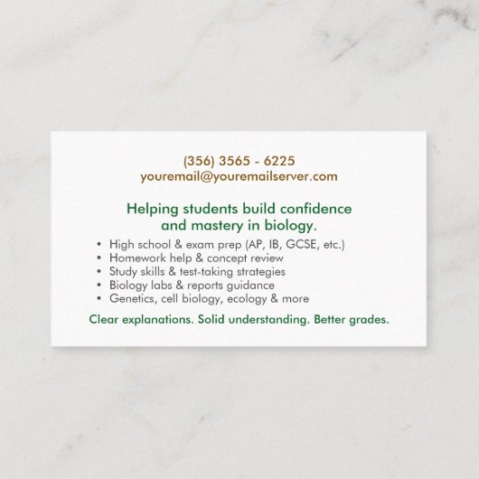 Biology Science Tutoring Services - Docent Visitekaartje (Achterkant)