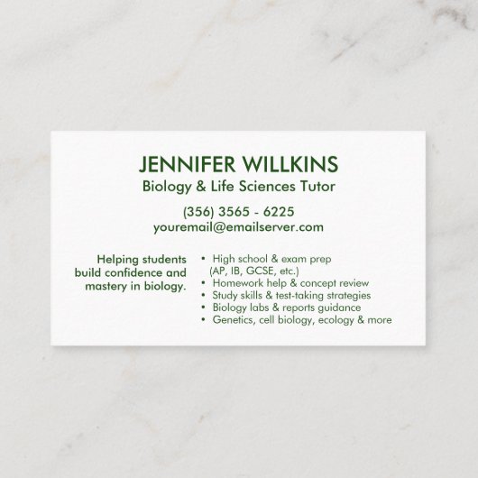 Biology Science Tutoring Services - Docent Visitekaartje (Achterkant)
