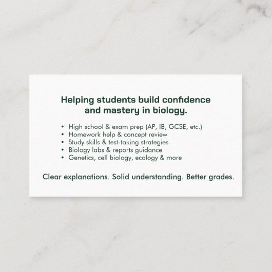 Biology Tutoring Services Visitekaartje (Achterkant)