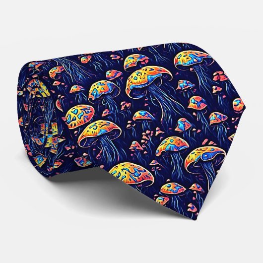 Bioluminescent Magic Neon-Hued Mushroom Pattern Stropdas (Opgerold)