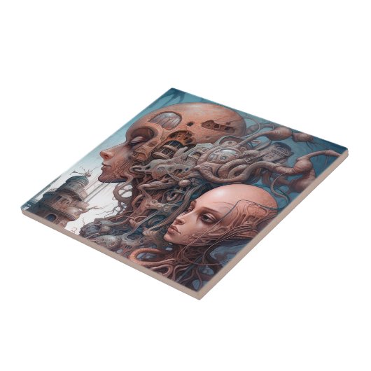 Biomechanische hoofden Surreal Sci-Fi Art Tegeltje (Zijkant)