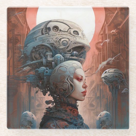 Biomechanische kop Surreal Sci-Fi Art Glazen Onderzetter (Voorkant)