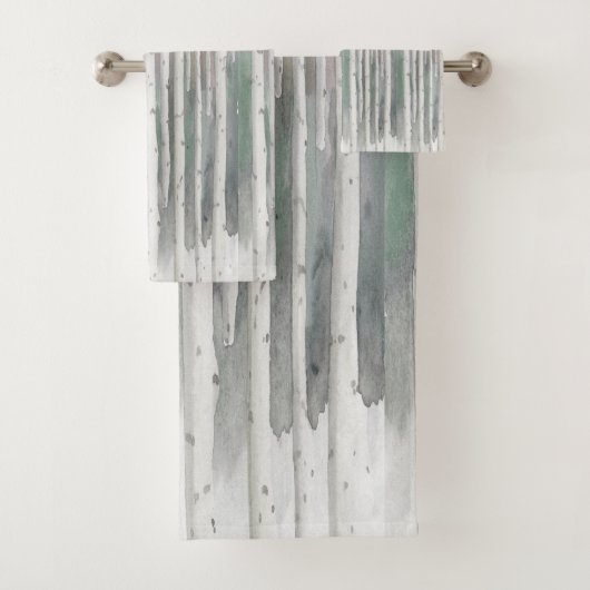 Biophilic handpainted muted birch watercolor wood bad handdoek (Insitu)