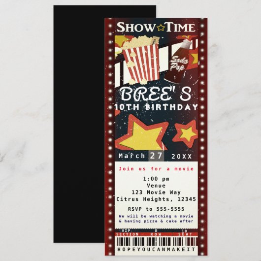 Bioscoop Film Popcorn VIP Feest Ticket Uitnodiging (Voorkant / Achterkant)