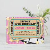 Bioscoop ticket roze uitnodiging (Staand voorkant)