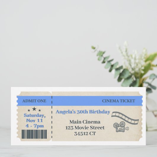 Bioscoop Ticket Verjaardagsuitnodiging Kaart (Staand voorkant)