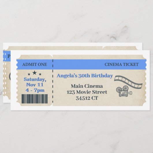  Bioscoop Ticket Verjaardagsuitnodiging Kaart (Voorkant / Achterkant)